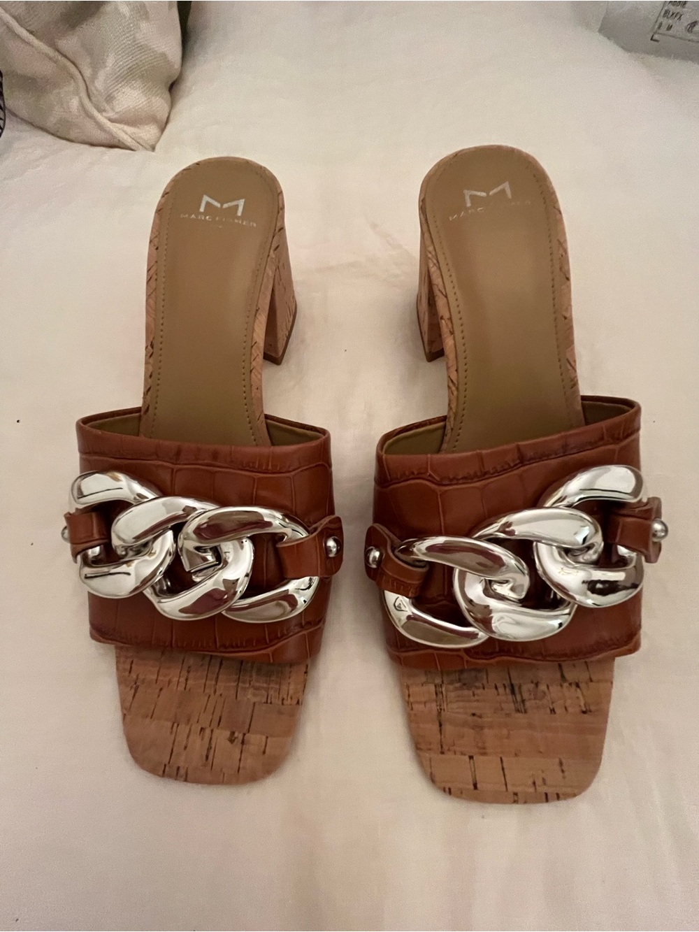 Marc Fisher Tan Faux-Croc Cork Block Heel Mules with Silver Chain